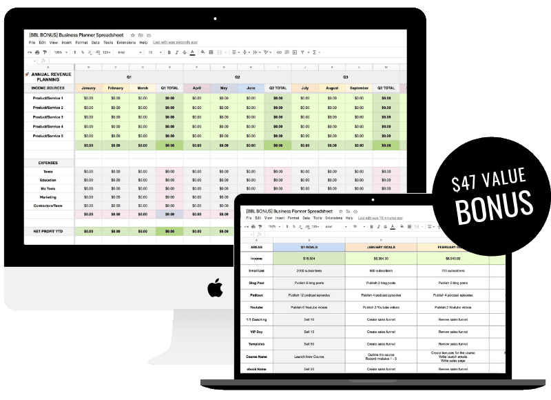 bonus business planner spreadsheet